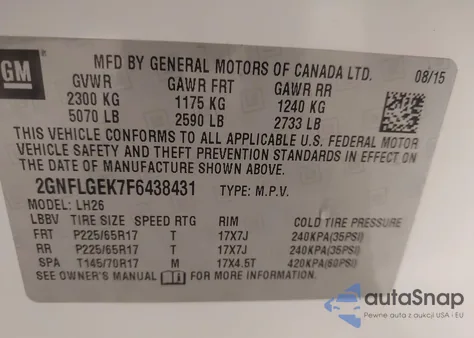 2015 Chevrolet Equinox 2Lt z USA, uszkodzony, nr VIN 2GNFLGEK7F6438431